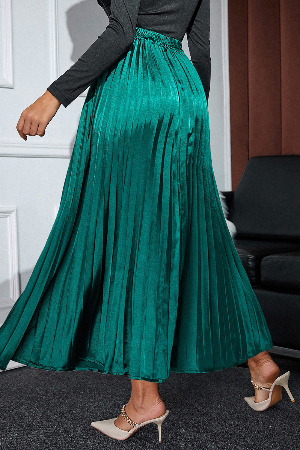 Julia Emerald Satin Pleated Maxi Skirt